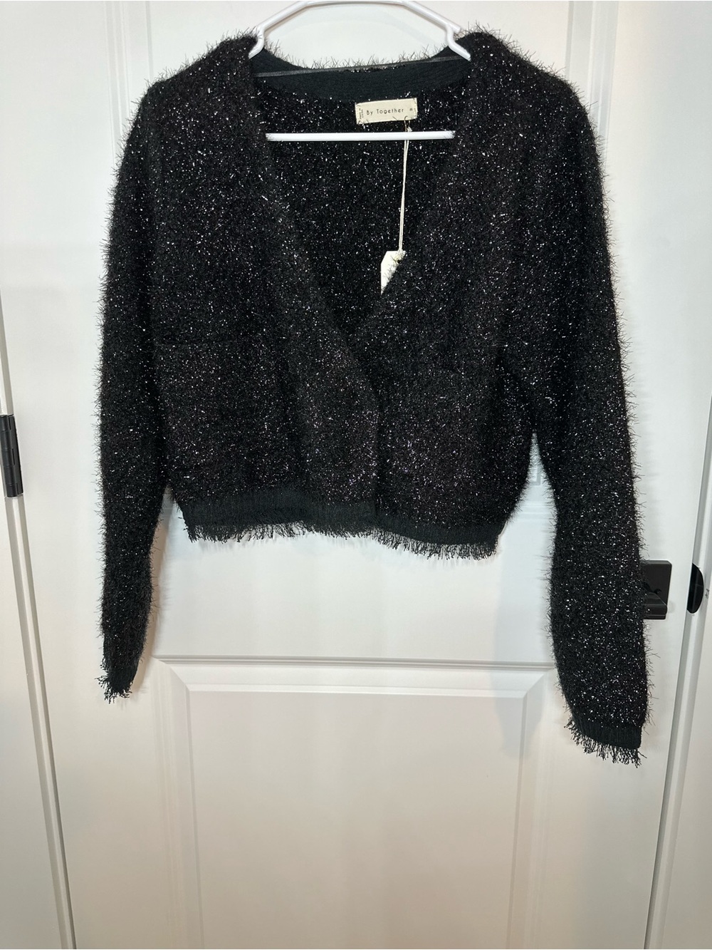 By Together Black Sparkle Fuzzy V-Neck Cardigan- Juniors Medium